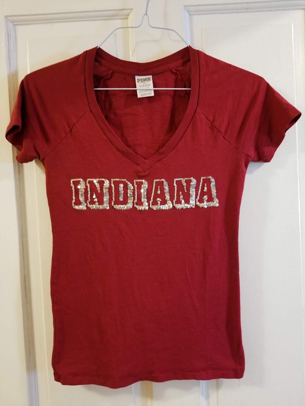 PINK Victoria's Secret Red V-Neck  Tee with Sequin 'INDIANA' Logo